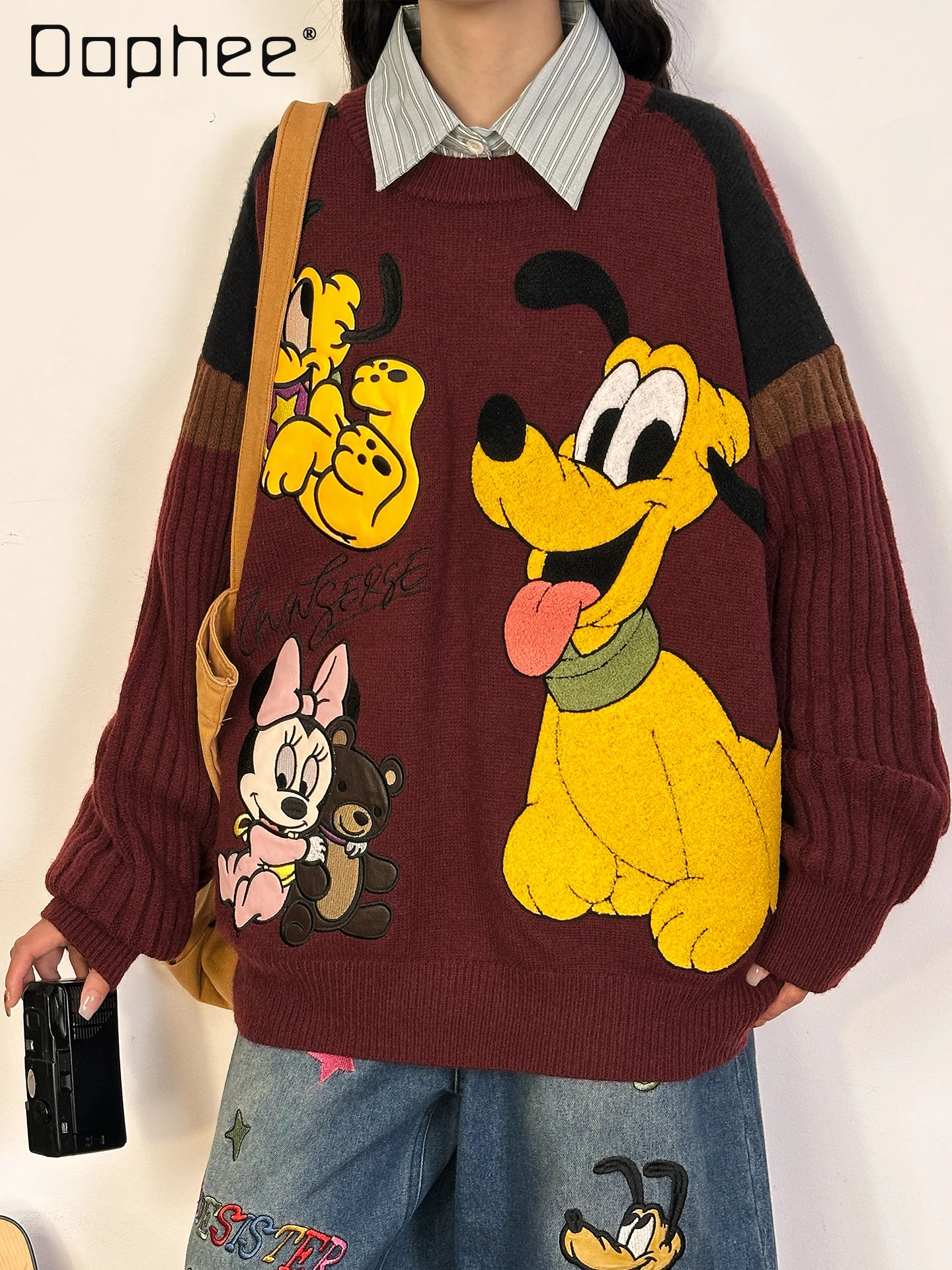 

American Retro Fun Cartoon Embroidered Crew Neck Sweater for Women Loose Pullover Top for Autumn and Winter Sweaters