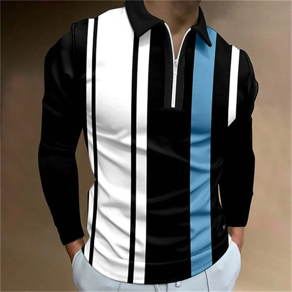 2024 Simple Stripe Print Mens Polo Shirt Fashion High Street Lapel Golf T-Shirt Men Tops Outdoor Casual Long Sleeve T-Shirt Man