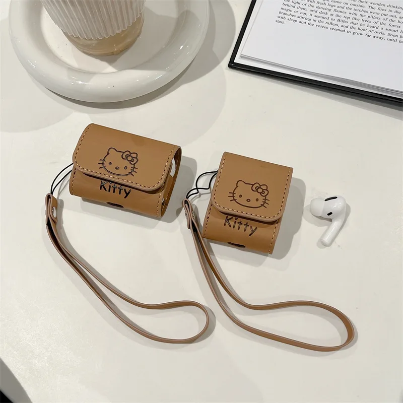 Miniso Sanrio Hallo Kitty Mode Leder Kopfhörer hülle für Apple Airpods 1 Pro 2 3 Abdeckung Kopfhörer Anti-Fall-Box mit Lanyard