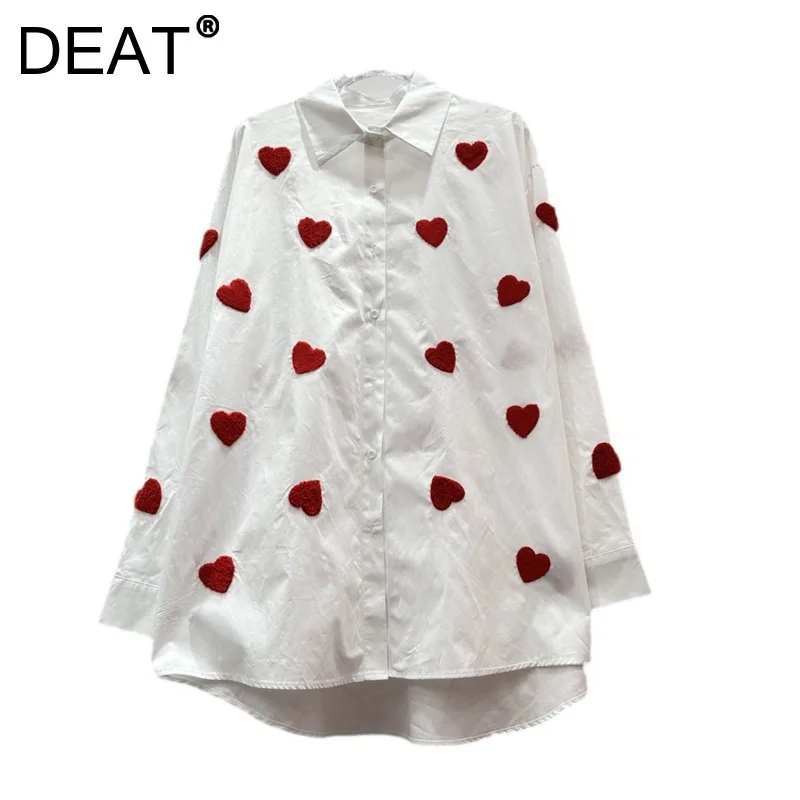 DEAT Women's Shirt Loose 3d Red Heart Female Single Breasted Long Sleeve Thin Causal Blouse Spring 2025 New Fashion 29L9735