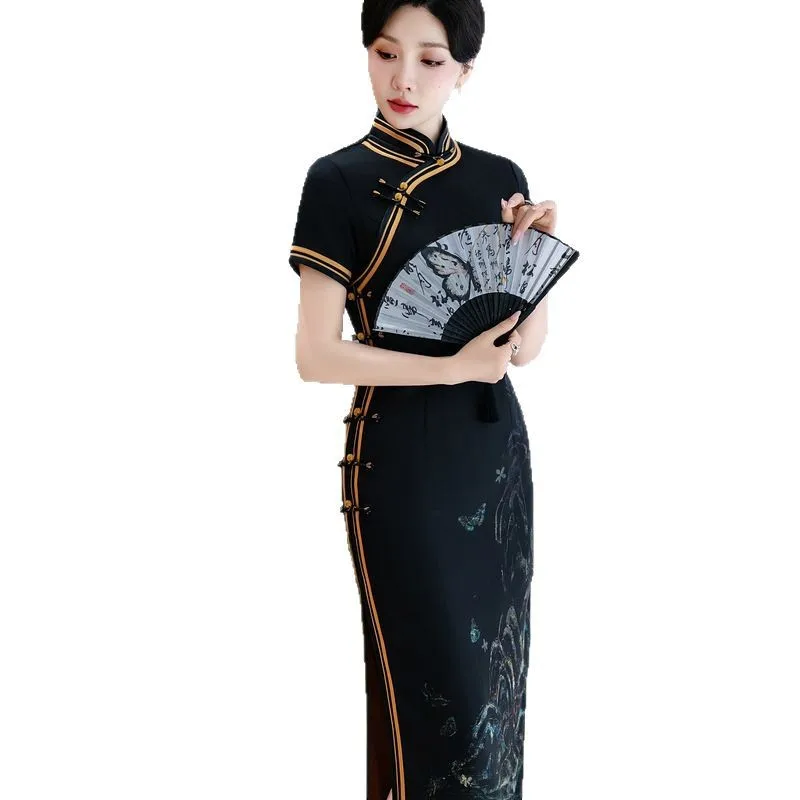 

Yourqipao New 2025 Retro Chinese Style Stand-up Collar Women Traditional Cheongsam Evening Dress Formal Skirt