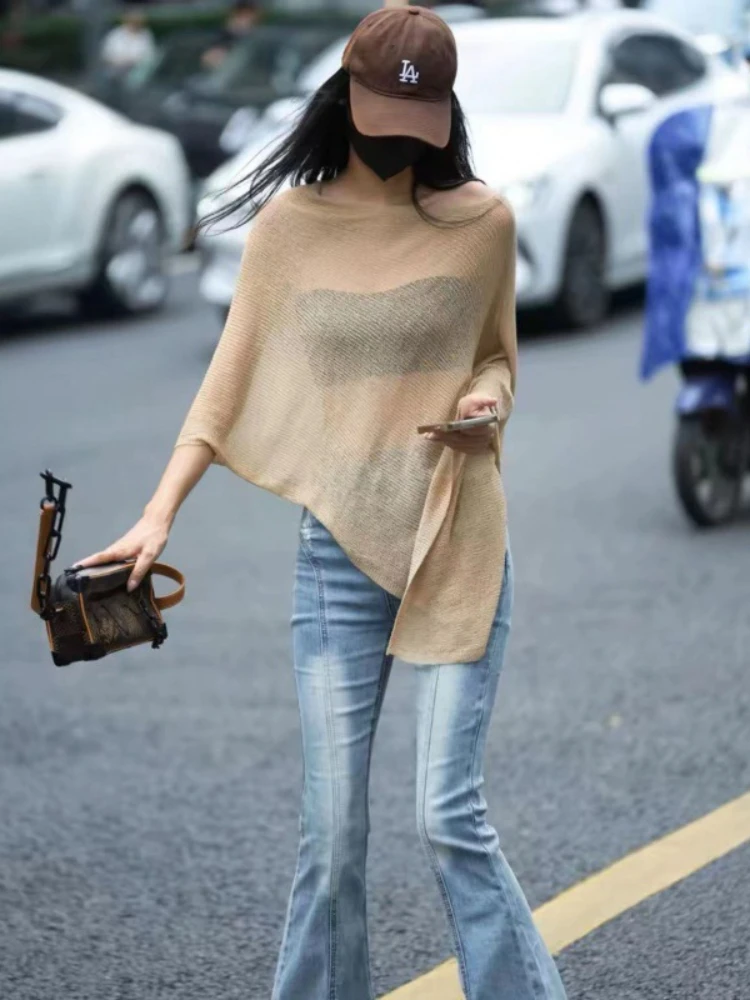 Sexy Irregular Sweater for Women Summer Hotsweet American Chic Off-shoulder Thin Top Sun-proof Breathable Long-sleeved Hip Hop