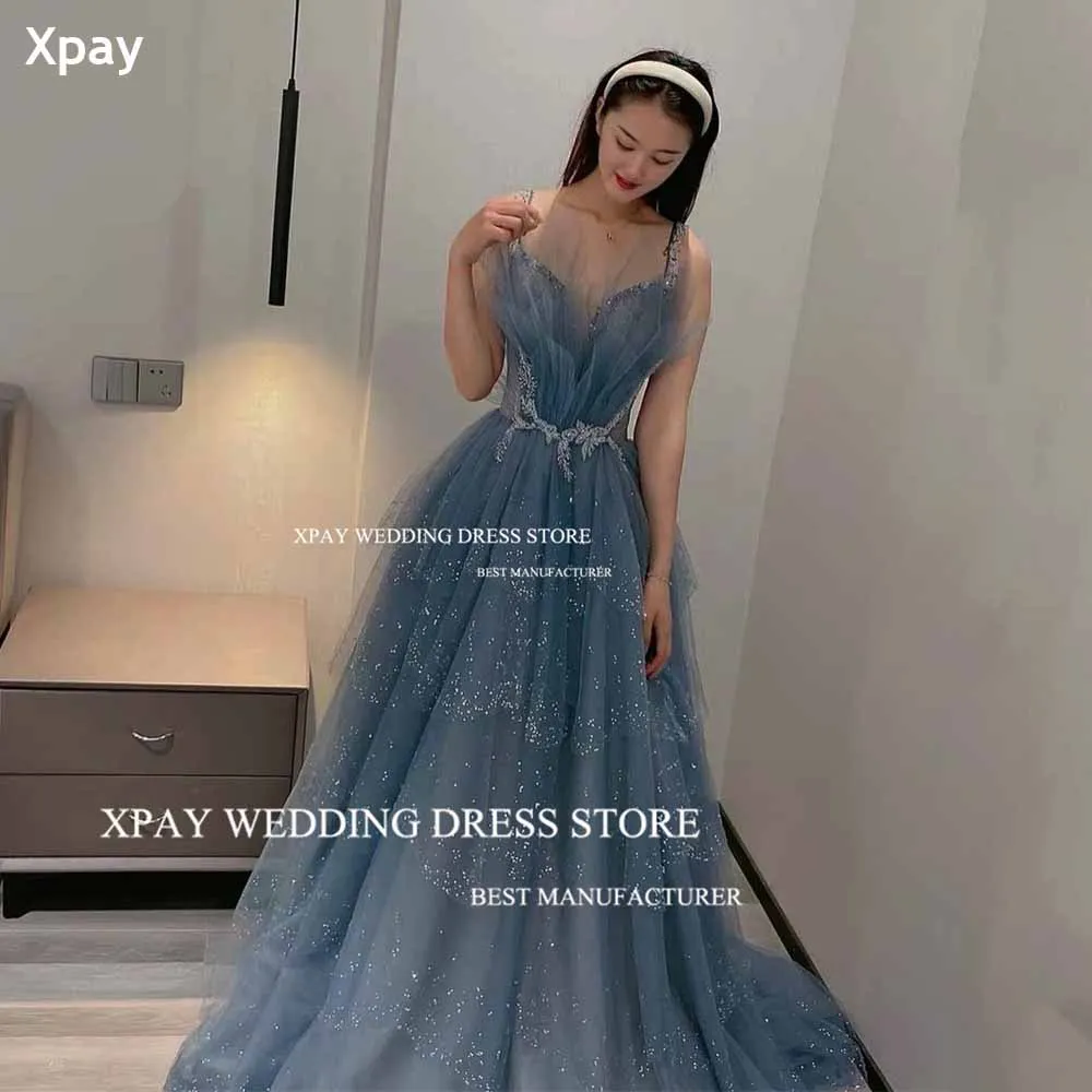 Xpay funkelnde Spaghetti träger Korea Abendkleider drapiert Perlen Pailletten Hochzeit Fotoshooting benutzer definierte formelle Anlass Kleid