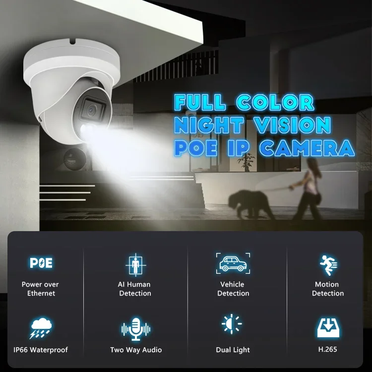 8MP Hik Compatible Full Color PoE CCTV Dome  Waterproof Audio ColorVu 2.8mm Lens 4MP Outdoor Security IP Network 4K