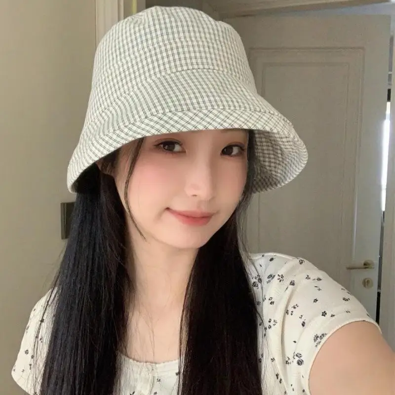 Fashion Summer Plaid Bucket Cap Curled Bow Plaid Sun Hat Foldable Quick-dry Fisherman Caps Outdoor Mountaineering Hat