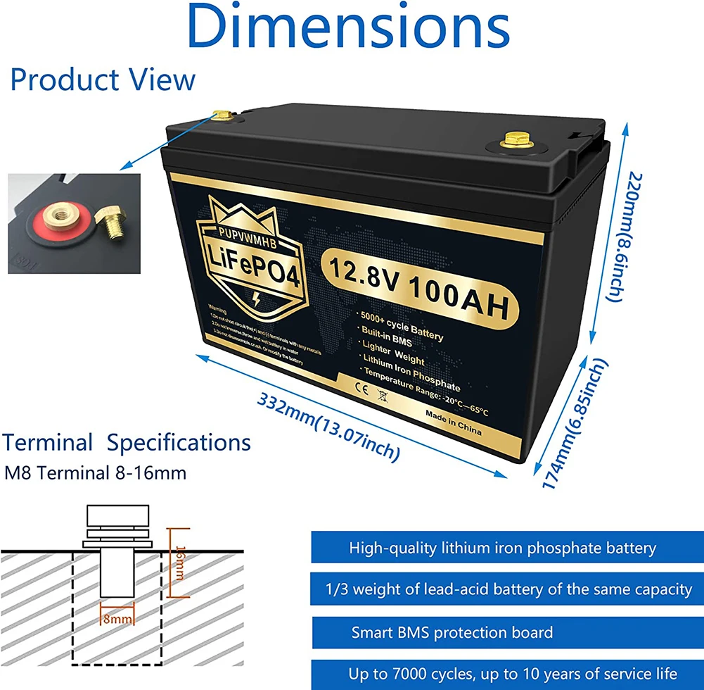 12V 100AH LiFePO4 Battery Max.1280Wh Built-in 100Ah BMS 6000+ Deep Cycles Lithium Battery For RV Campers Off-Road Off-grid Solar