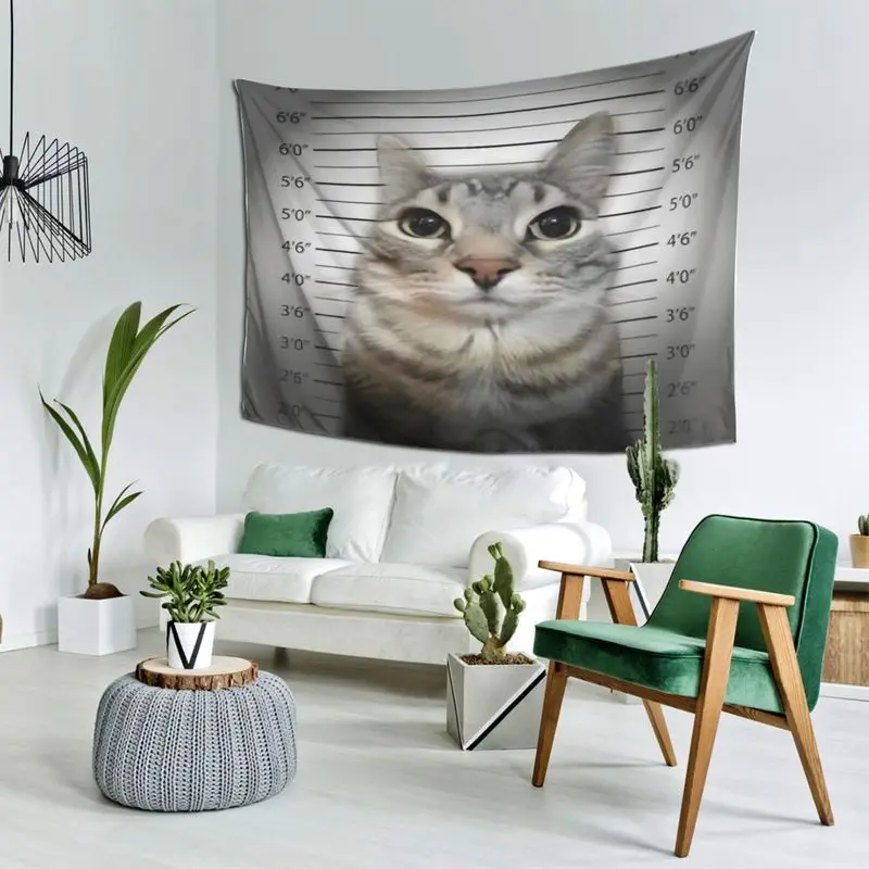VIKAMA Wall Tapestry Funny Cat Imprisoned Mugshot Tapestry Fun Police Station Headshot Print Tapestry Hanging Cloth for