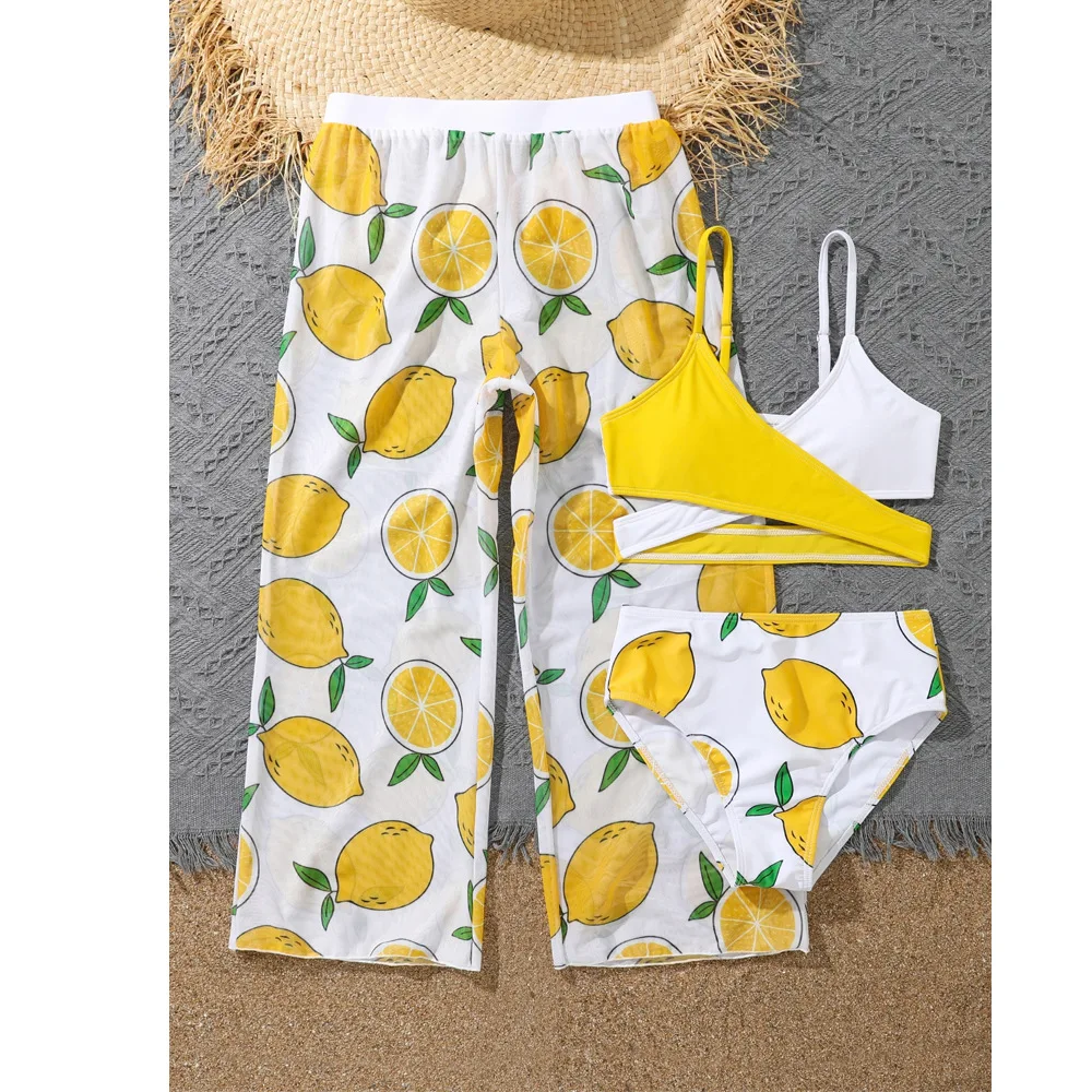 Girl 3pack Lemon Print Bikini Kids Cross Wrap High Waist Swimsuit with Beach Pants Children's Swimwear 7-12 Years Bathing Suit