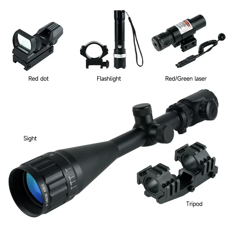 6-24x50 AOEG Optic Rifle Scope with HD101 Red Green Dot 4 Reticle Sight Red Green Dot Laser Flashlight Tactical Long-range Combo