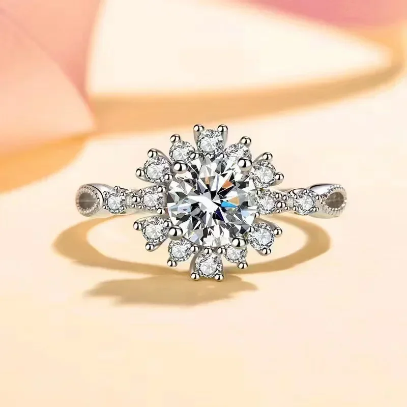 Romantic VVS1 D Color 0.5/1CT Moissanite Diamond Peony Rings, Platinum PT950 Flower Engagement Resizable Ring for Women