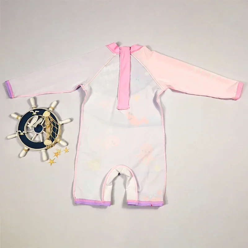 2PCS Narwhal Print Baby Swimwear Pink Long Sleeves Children‘s Swimsuit Bathing Clothes Cap Girl Kids Swimming Diving Suit UPF 50