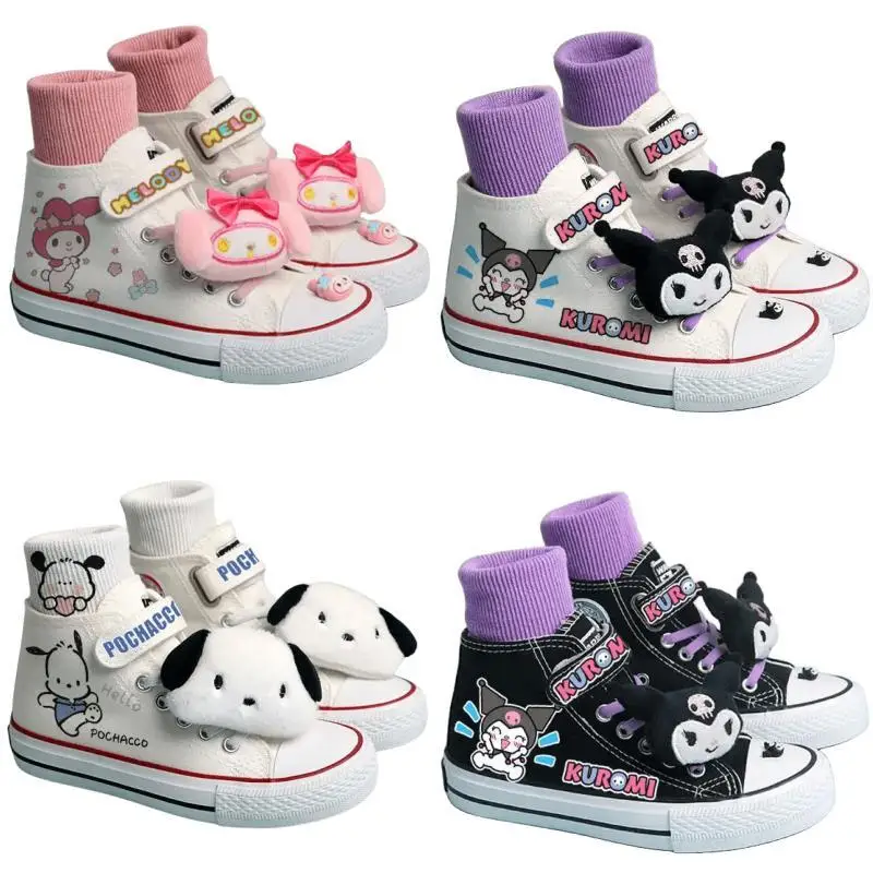 Anime Sanrios My Melody Kuromi Pochacco Kawaii High Top Kids Canvas Shoes Cartoon Cute Girl Sport Shoes White Boys Sneakers Gift