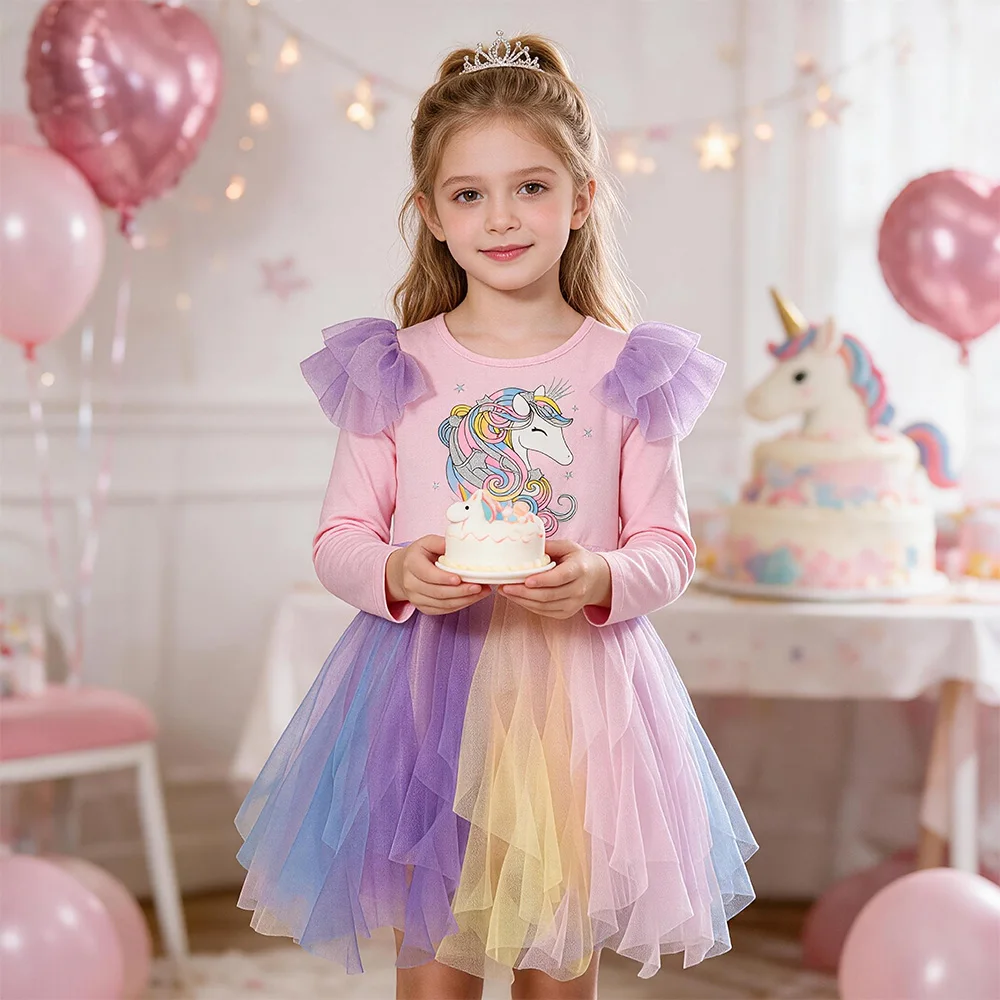 Mädchen Trompetenärmel Frühling Herbst Asymmetrisches Kleid Kinder Rosa Lila Regenbogen Farbverlauf Einhorn Party Prinzessin Tüllkleider – Detail 2