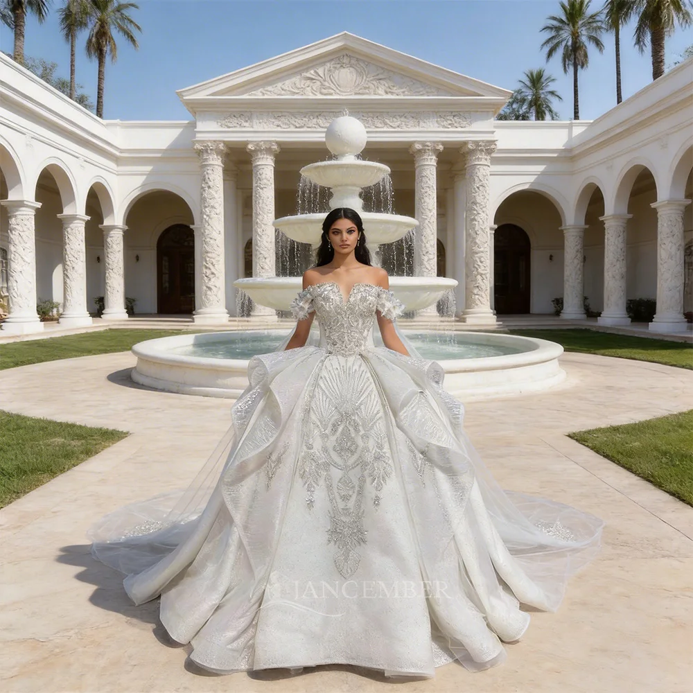 

Свадебные платья из органзы с пайетками и бисером, пышные, с вырезом-лодочкой и шлейфом, больших размеров для женщин