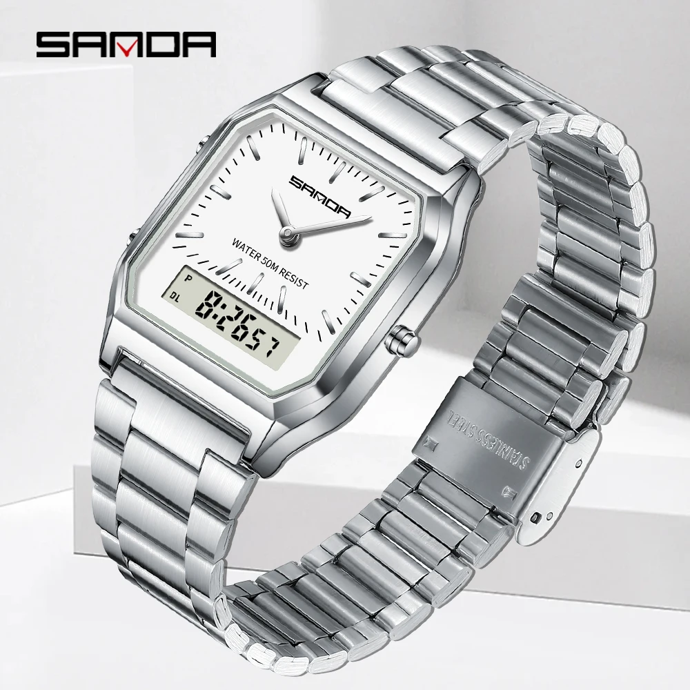 SANDA 747 Luxury Mens G Style Watches Stainless Steel Women LED Digital Dual Display Clock Unisex Waterproof Sports Quartz Watch