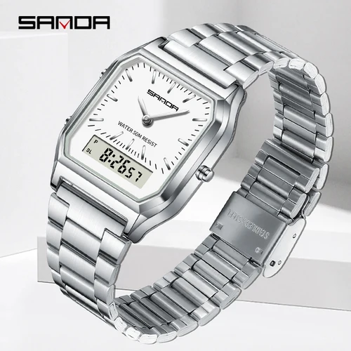 Imagen 2 del producto SANDA 747 relojes de lujo estilo G para hombre, reloj de acero inoxidable para mujer con pantalla Dual Digital LED, reloj de cuarzo deportivo resistente al agua Unisex