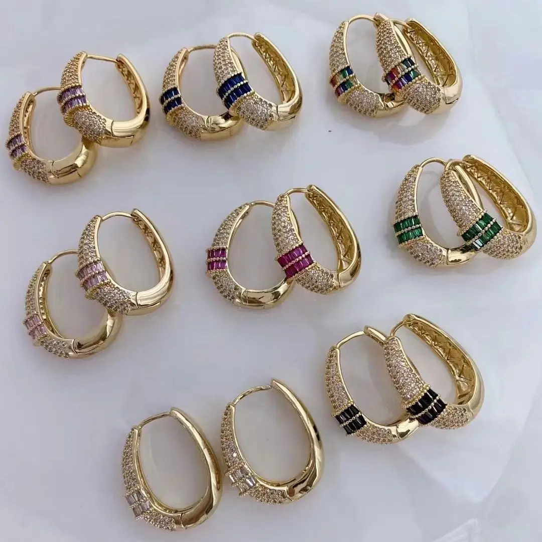 3 Pairs, New Trendy Colorful Crystals Copper Zircon Geometric Earrings Fashion Bohemian Rainbow Hoops Jewelry Gift For Women