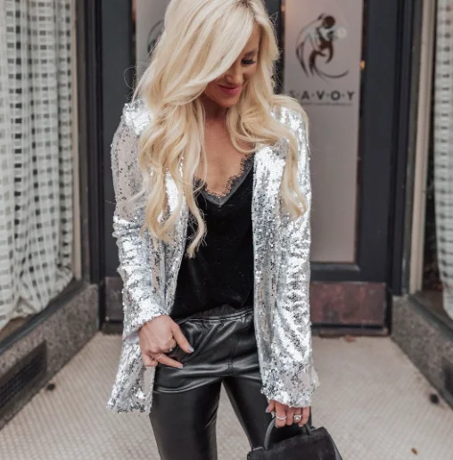 Women Cardigan Lapel Long Sleeve Open Front Suit Coat Shiny Sequins Solid Color Loose Fit Jacket Clubwear Female Clothes 2024