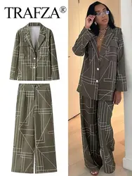 TRAFZA 2024 Nowa moda damska garnitury do spodni ArmyGreen Geometric Print Blazer Top + High Waist Casual Woman Wide Leg Long Pant