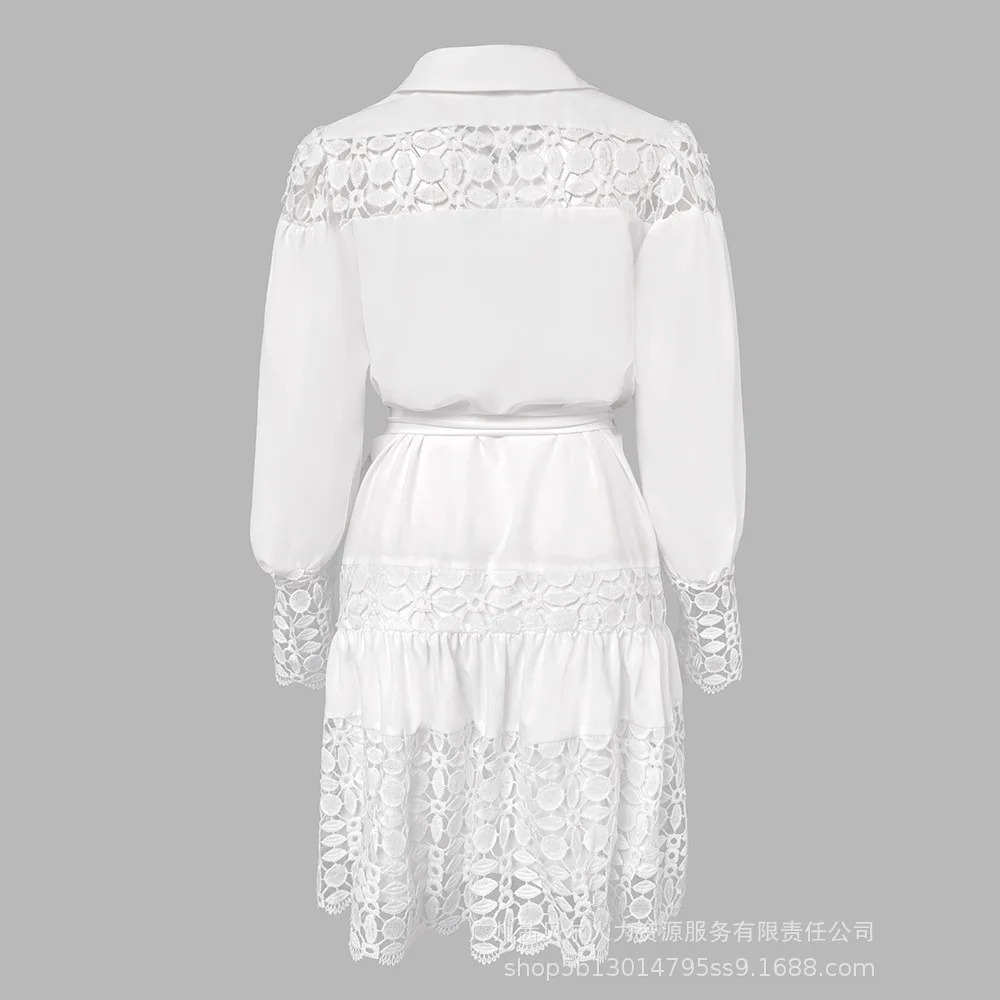 Mid Length Dress Women Shirts Dresses High Waist Vestidos Y2k Streetwear Full Sleeve Elegant White Party Night Work Hollow Out