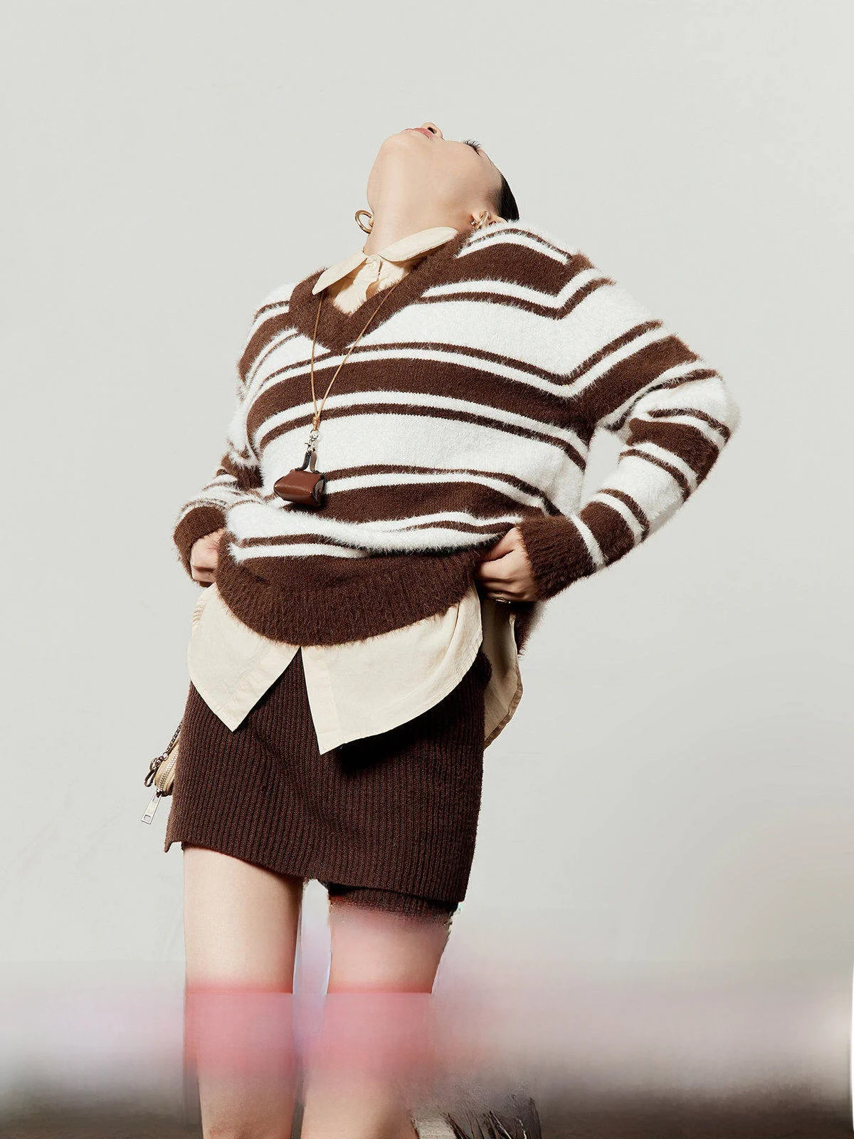 

Brown V-Ne Loose Knitted Sweater Women's Faion Autumn New Sle Striped Top Breathable Comfortable Long Sve Crew Ne