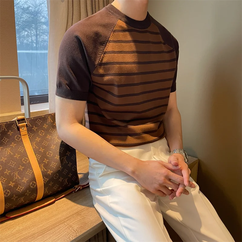 2024 Summer New Men Crew Neck Stripe Color Blocking Pullovers Korean Version Fashion Casual Short Sleeve Knitted T-shirt Tops