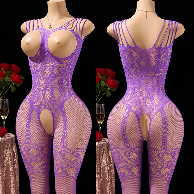 

New Purple Full Bodystockings Open Cup With Crotchless Sexy Tights Teddy Costumes Women Lingerie Daring Bodysuit Mesh Underwear