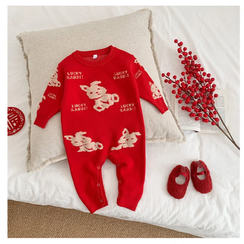 2026 Red New Year Dad Mom Daughter Son Sweater Baby Romper for Family Christmas Embroidered Rabbit Matching Clothes Outfit