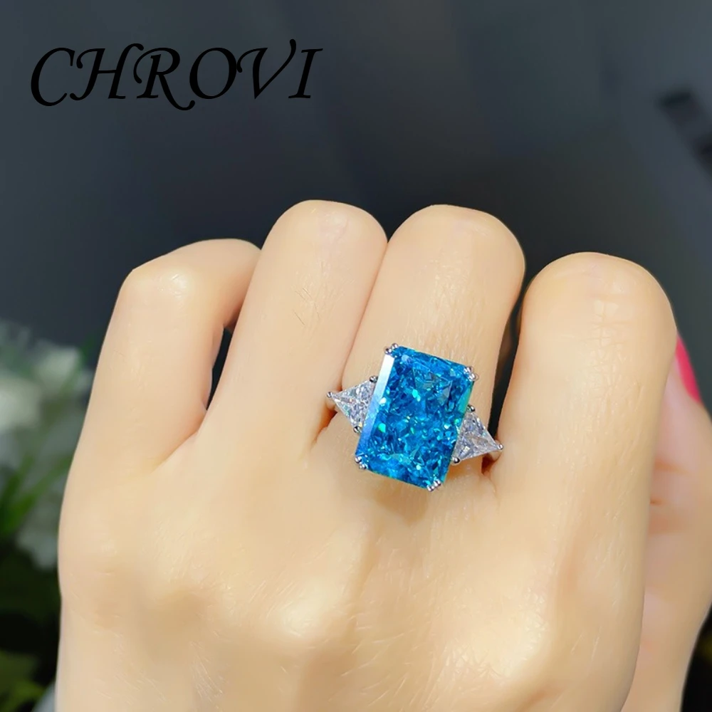 Exquisite 925 Sterling Silver Square Blue Zircon Large-Cushion-Shaped Open-Style Ring for Women