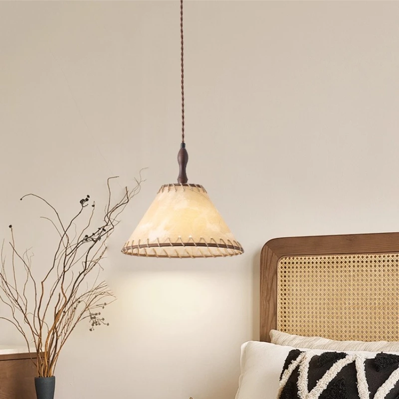 اليابانية الرجعية المخروطية النسيج قلادة LED أضواء ثريا خشبية غرفة المعيشة غرفة نوم مطعم المطبخ خط طويل مصباح معلق #1