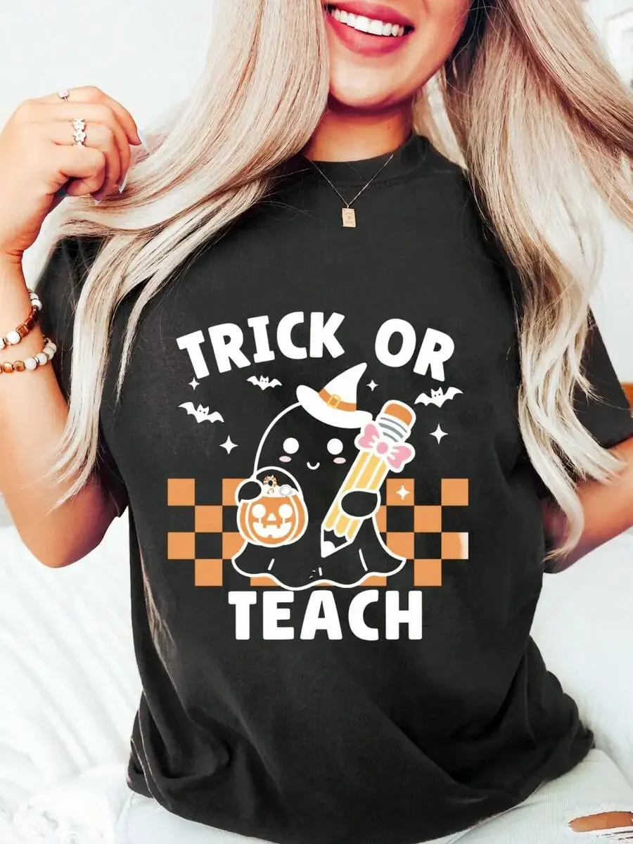 2026 New 100% Cotton Trick Or Teach Graphic T Shirt For Women Cute Ghost Pencil Print Halloween Teacher Short Sleeve Holiday Gift Top
