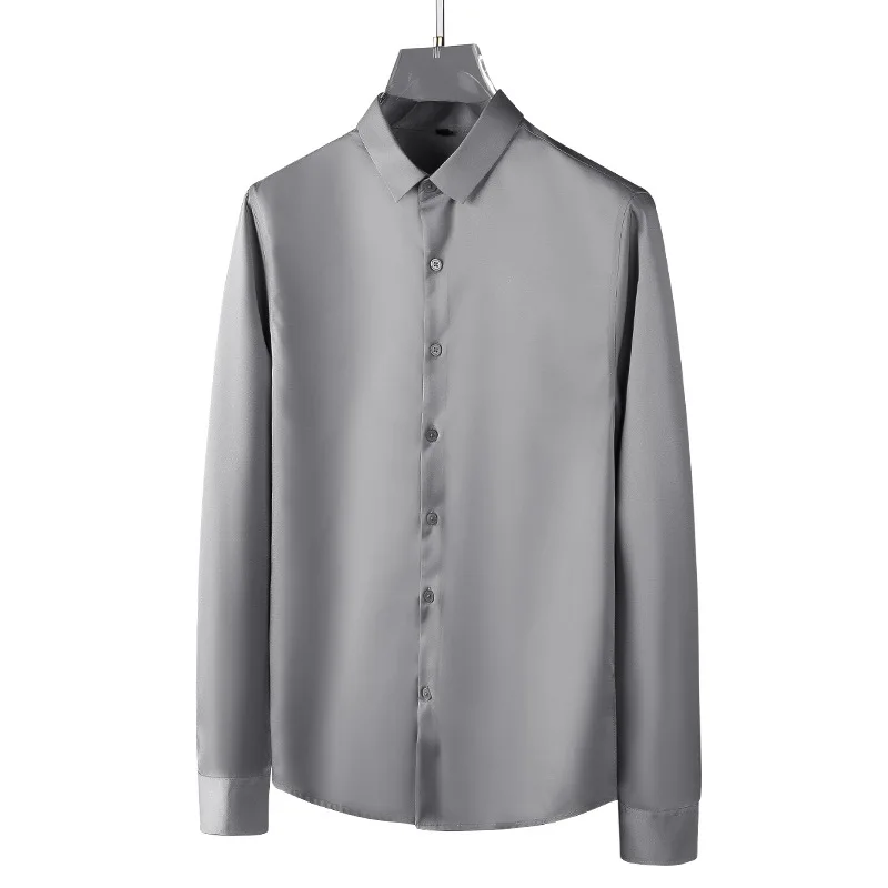 High Quality Men\'s Long Sleeve Shirt Luxurious Wrinkle-resistant Non-iron Solid Color Business Casual Ice Silk Poplin Shirts 6XL