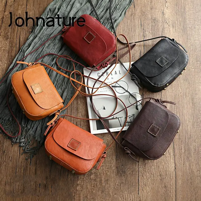 Johnature 2024 Summer New Genuine Leather Retro Women Small Bag Versatile Soft Nature Cowhide Shoulder & Crossbody Bags