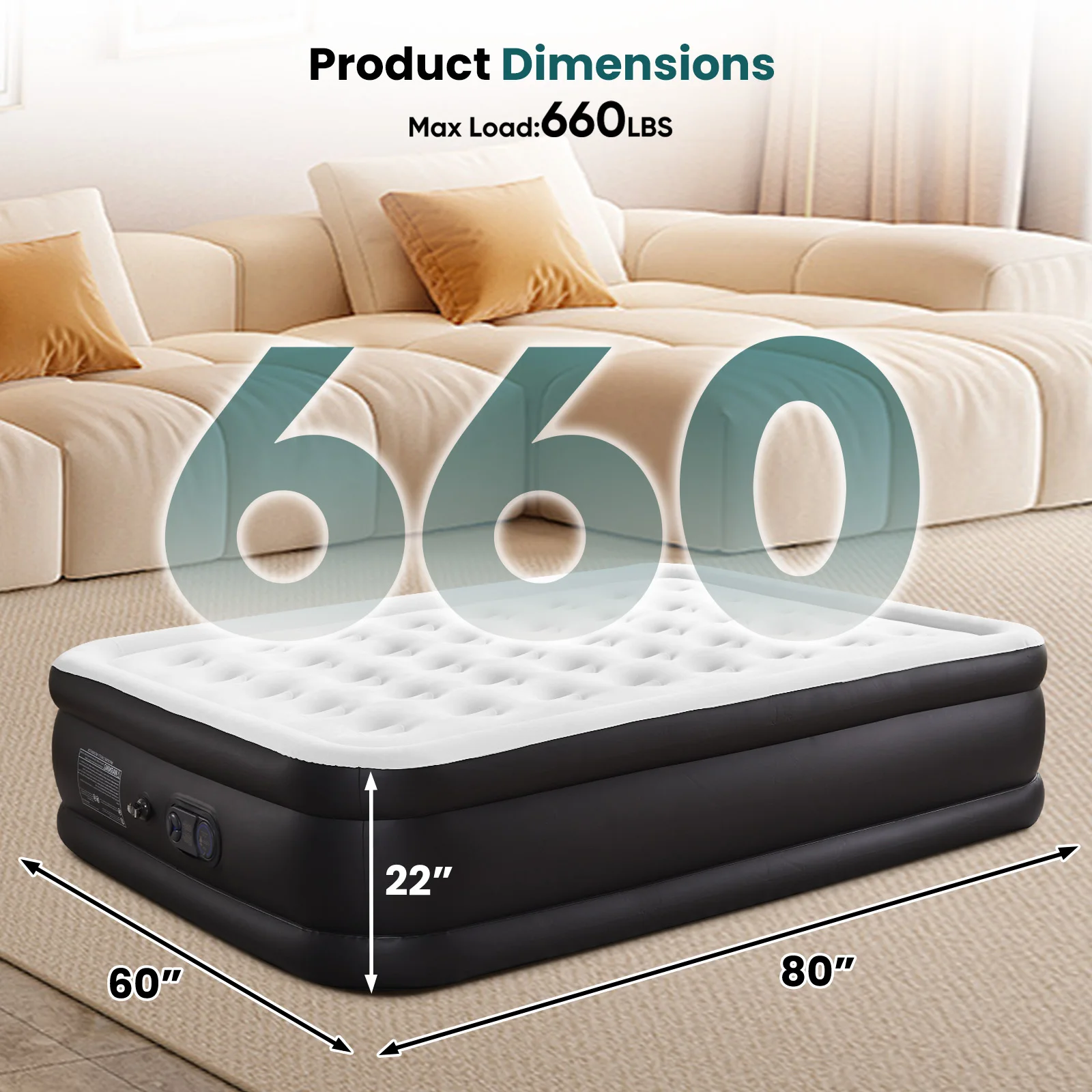 JHK 22IN Queen Size Air Mattress Blow Up Double Height Non-Slip Bottom Weight Capacity 660 lbs Air Bed for Bed Home or Camping image 6