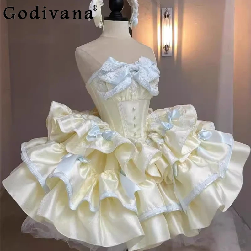 

French Style Sweet Cake Princess Dress Women's Collarless Birthday Party Mini Dress Female Japanese Lolita Strapless Dress