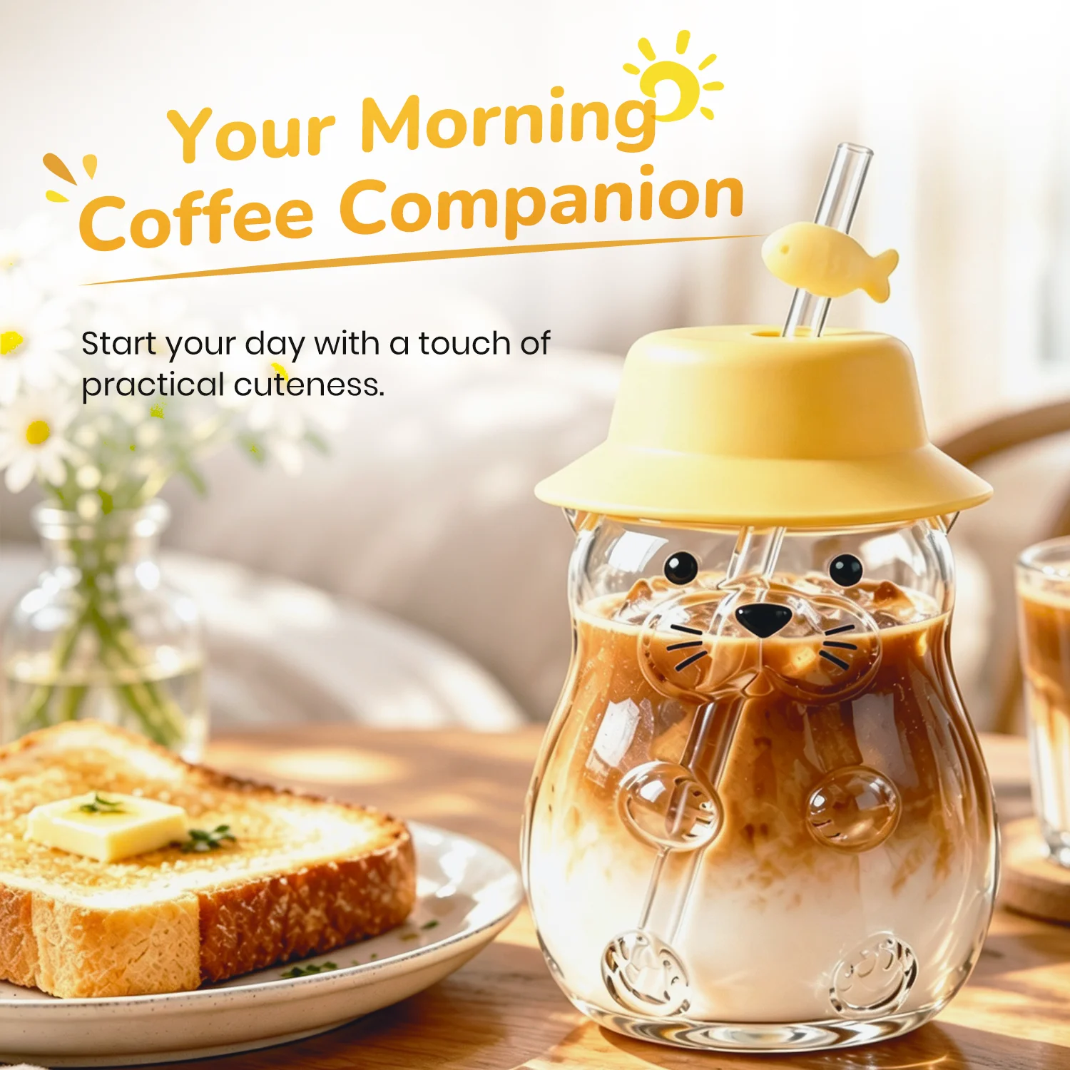 Cartoon Animal Printed Glass Lid Coffee Cup with Straw Creative High Aesthetic Value Water Bottle High Borosilicate Heat Resista