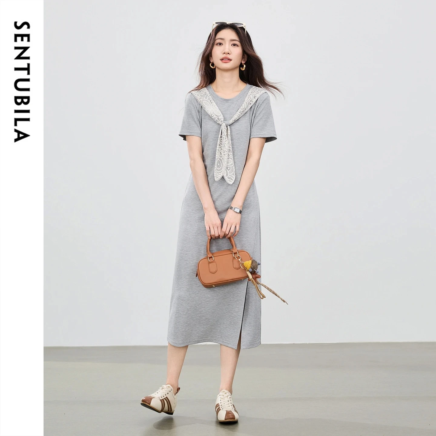 

SENTUBILA Office Summer Dresses for Women Fashion Lace Shawl Patchwork Versatile O-Neck Slim Pleated T-shirt Dress Q62LN7019