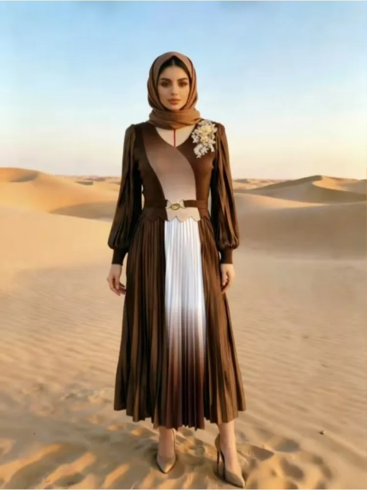 Miyake Crumpled Loose Dress Fashionable Three-dimensional Decoration Gradual Change Color Horn Sleeve Long Dress 2026 New
