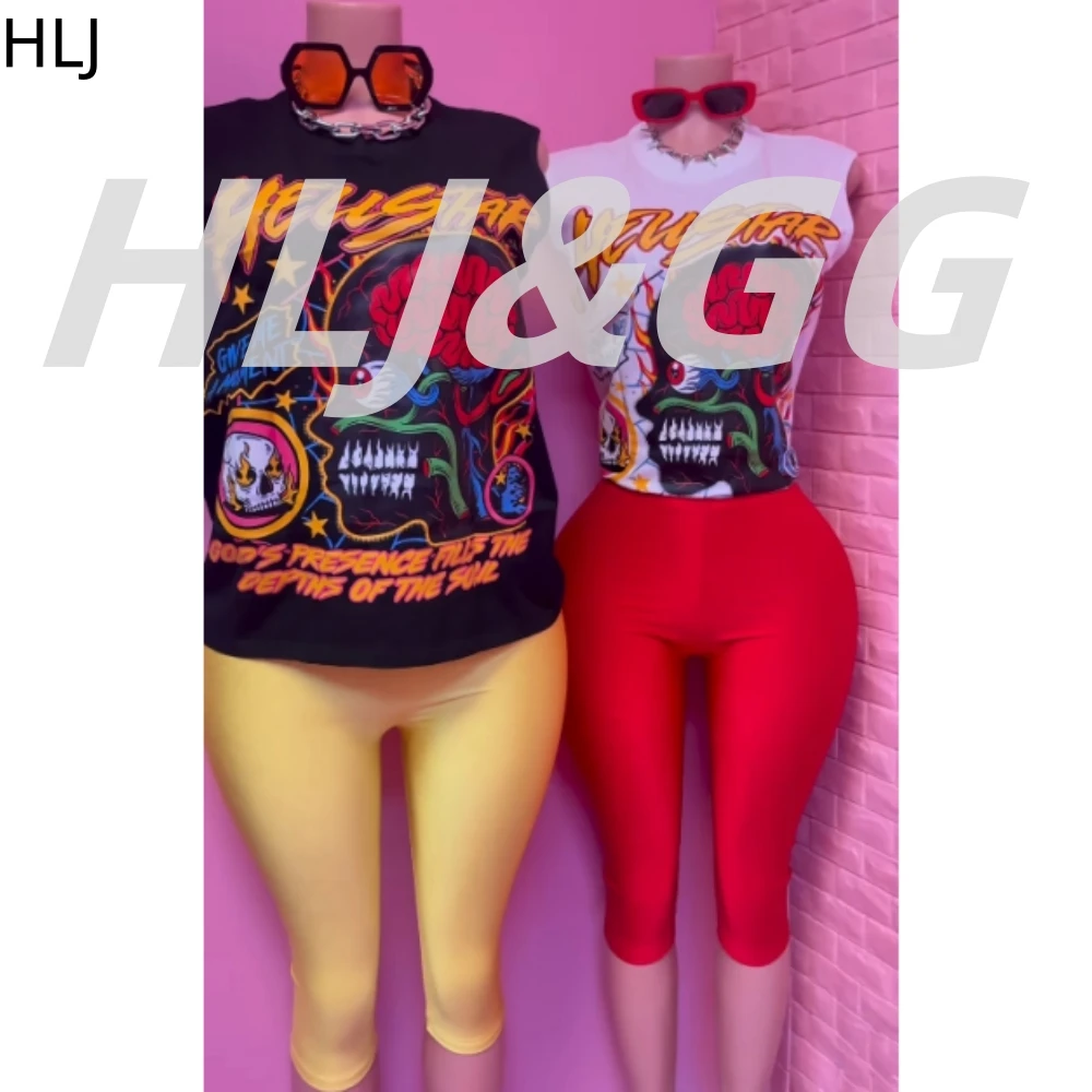 HLJ 패션 Y2K 패턴 인쇄 두 조각 세트 여성 라운드 넥 민소매 탑 + 스키니 반바지 의상 트렌드 여성 2pcs streetwear