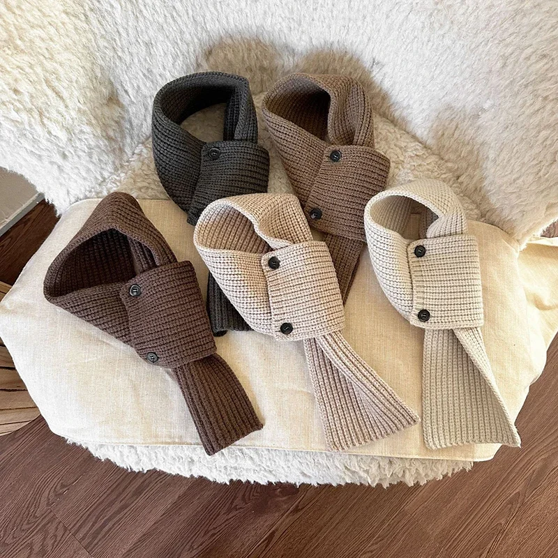 

Зимний вязаный шарф на пуговицах для мальчиков и девочек, детские теплые чехлы на шею, однотонный уличный ветрозащитный детский шейный платок