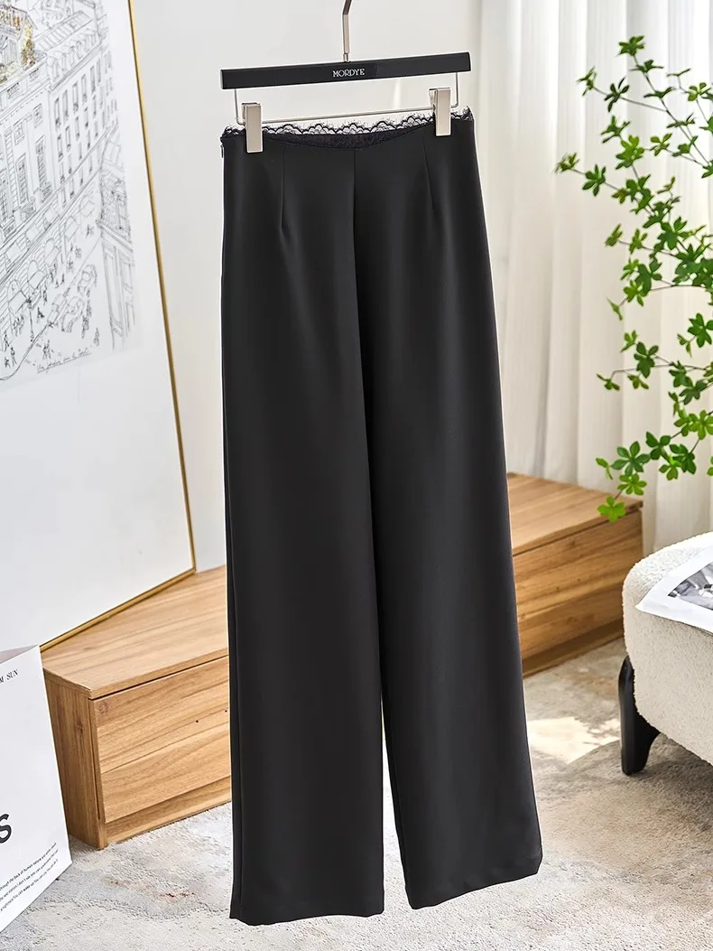 

Fashion Favorite Black Lace Trim Loose Floor-Length V-Waist Suit Pants Summer Casual Design High Waist Straight Leg Trousers