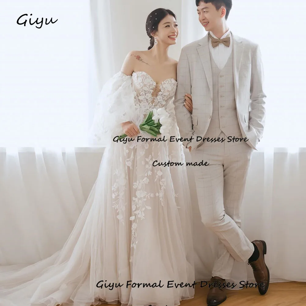 Giyu Fairy Lace Followers Korea Wedding Dress Photo Shoot Sweetheart Collar Floor-Length Vestidos Novias Boda 웨딩드레스