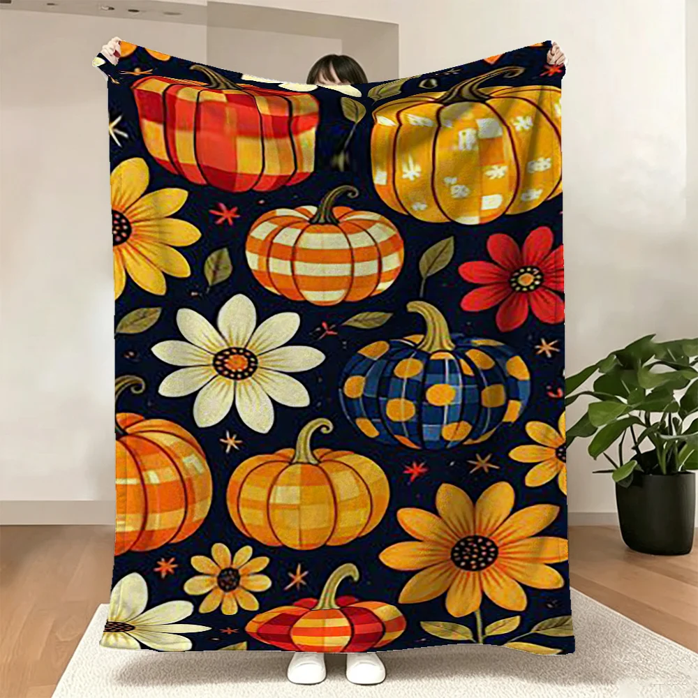 Autumn Pumpkin Floral Print Throw Blanket Soft Warm Plaid for Sofa Bed Living Room Halloween Thanksgiving Home Decor