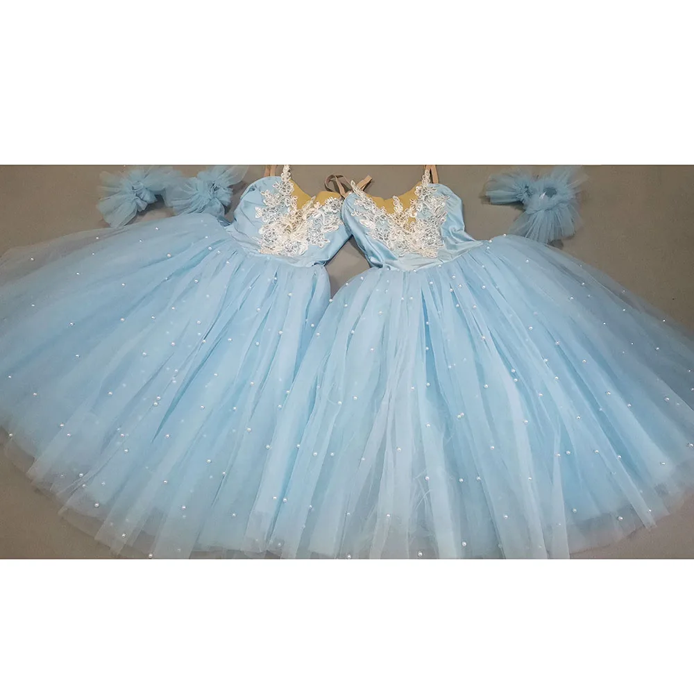 Good Quality Light Blue Pearl Long Ballerina Ballet Dresses,Sky Blue Fairy Balet Dress For Girl Pearl Decoration Drop Ship