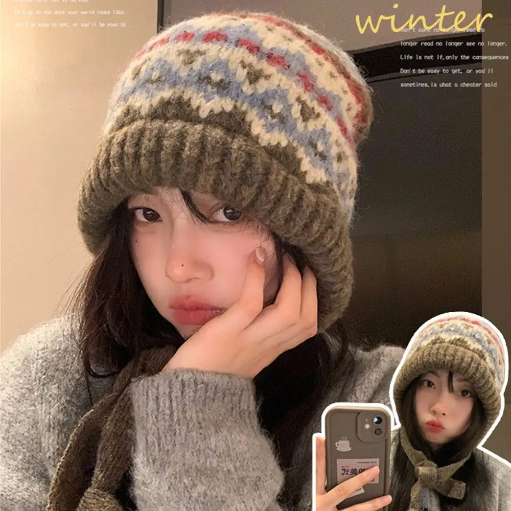 

Casual Warm Thickened Knitted Hat Windproof Coldproof Stripe Bonnet Caps Beanies for Autumn Winter