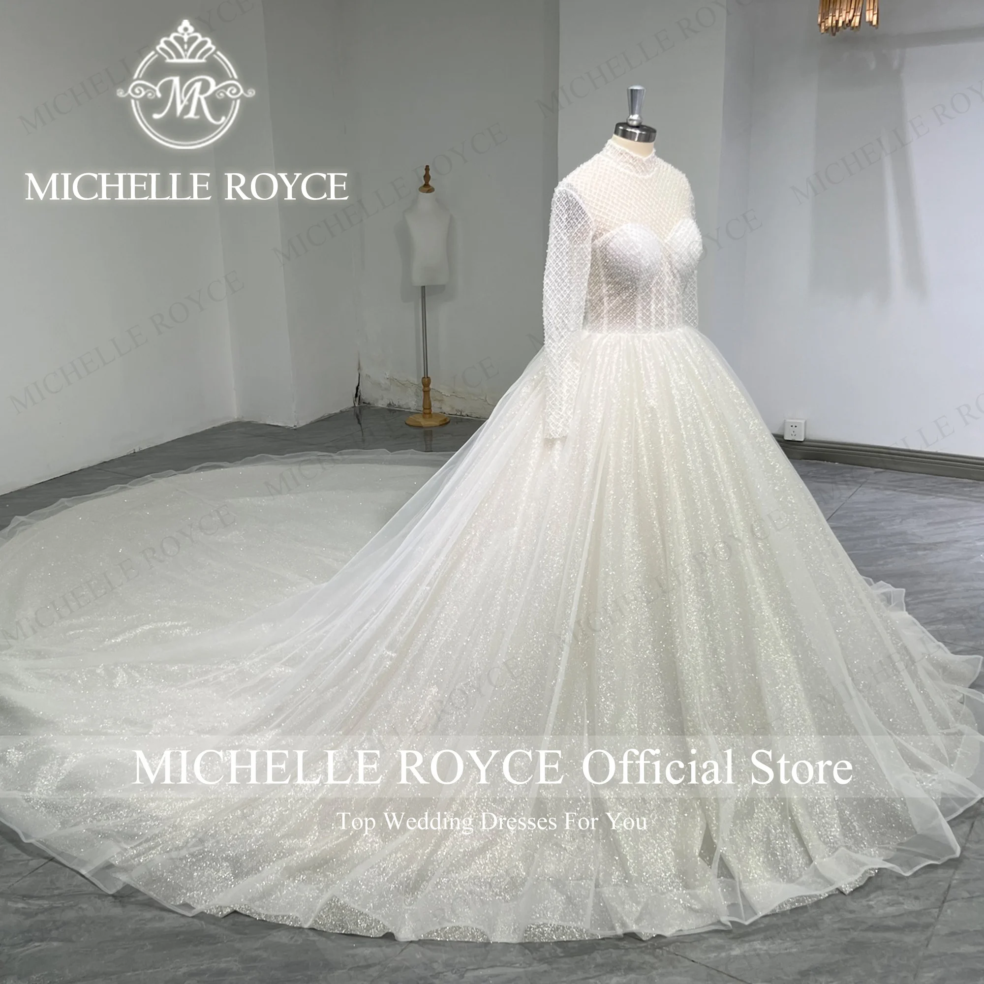 Michelle royce vestido de casamento de manga longa halter ilusão glitter miçangas trem real vestido de baile trabalho real vestidos de novia