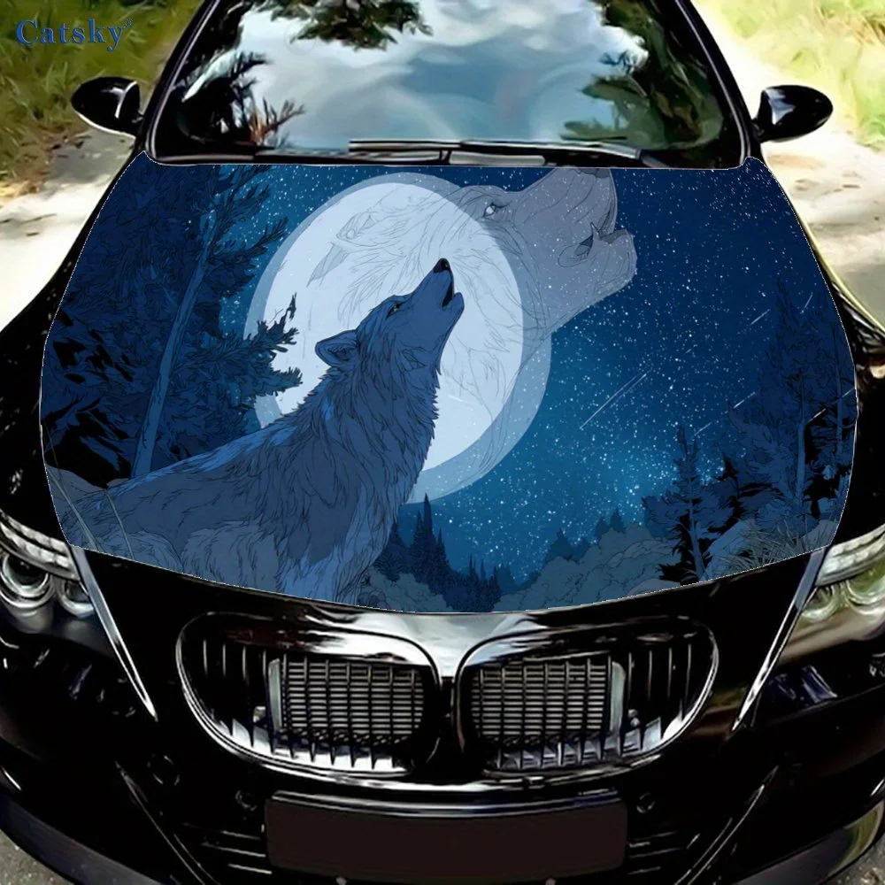 

Blue Wolf Howling at a Glowing Full Moon Car Engine Hood Sticker, Auto Art Decal, Car Exterior Personalized Decoration, Gift for