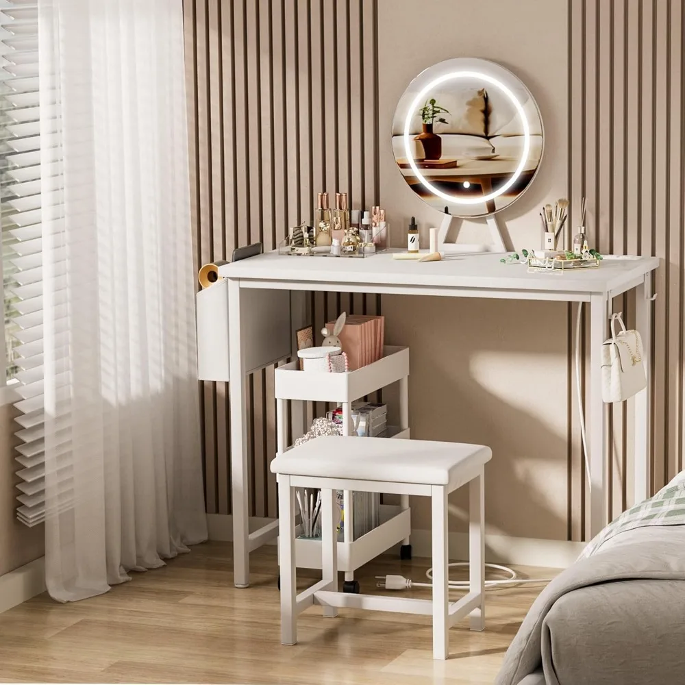 Small Vanity Desk with Mirror and Lights - Makeup Mini Girls Vanity Set Table with Chair, Power Outlet