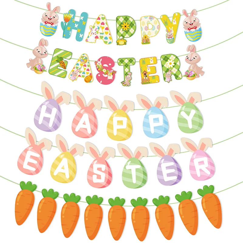 Happy Easter Banner Colorful Bunny Easter Eggs Carrot Banner Garland Signs Spring Themed Easter Day Decorations for home