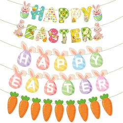 Happy Easter Banner Colorful Bunny Easter Eggs Carrot Banner Garland Signs Spring Themed Easter Day Decorations for home